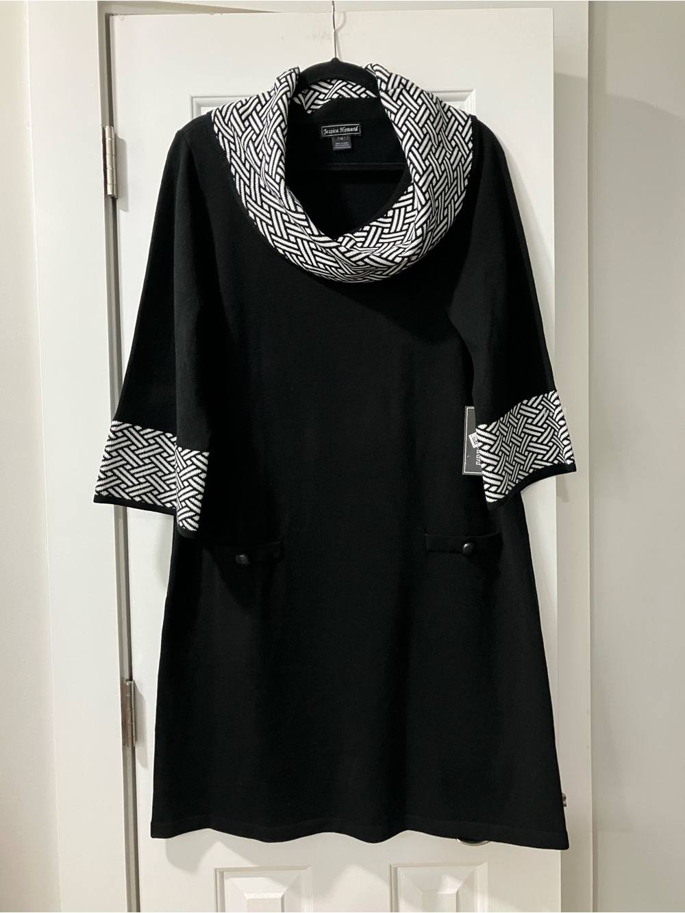 Jessica Howard Black Dress with White Geometric Cowl and Cuffs